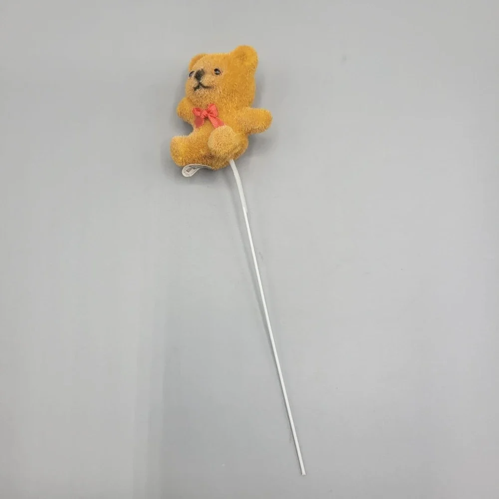 Vintage Flocked Teddy Bear Cake Topper Pick Red Bow Made in Hong Kong